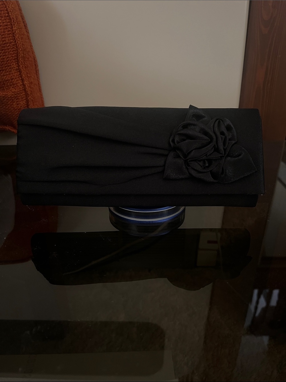 Black Satin Floral Fold-Over Clutch